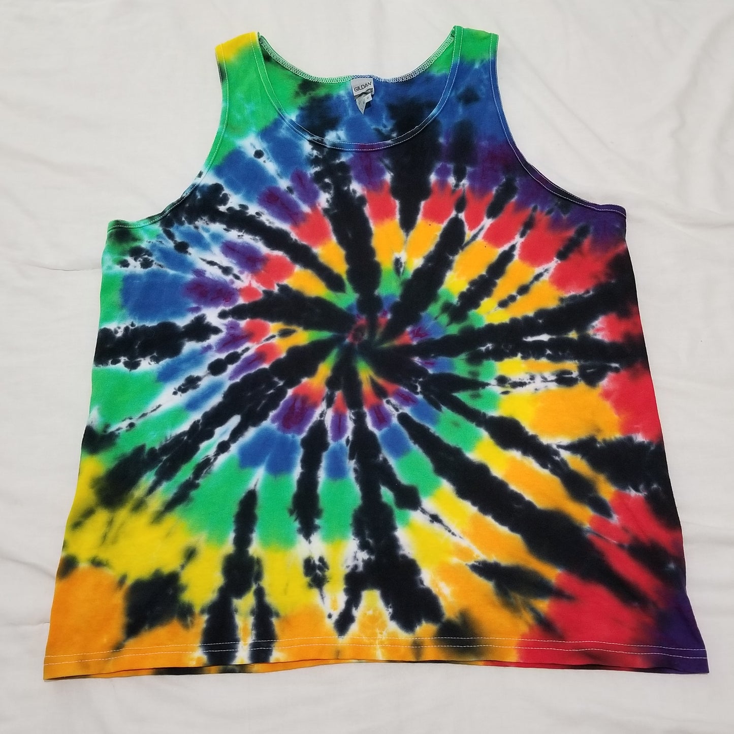 Handmade Tie Dye Rainbow & Black Spiral Tank Top Size Large L