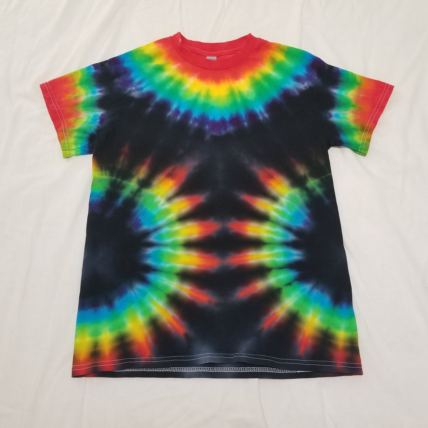 Handmade Tie Dye Double Rainbow on Black Unisex T-Shirt Size Small S