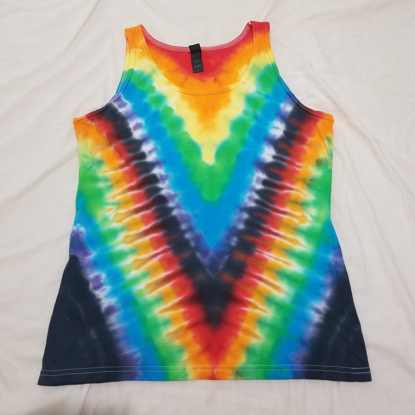 Handmade Tie Dye Rainbow & Black V-Pattern Women's Tank Top Size Large L