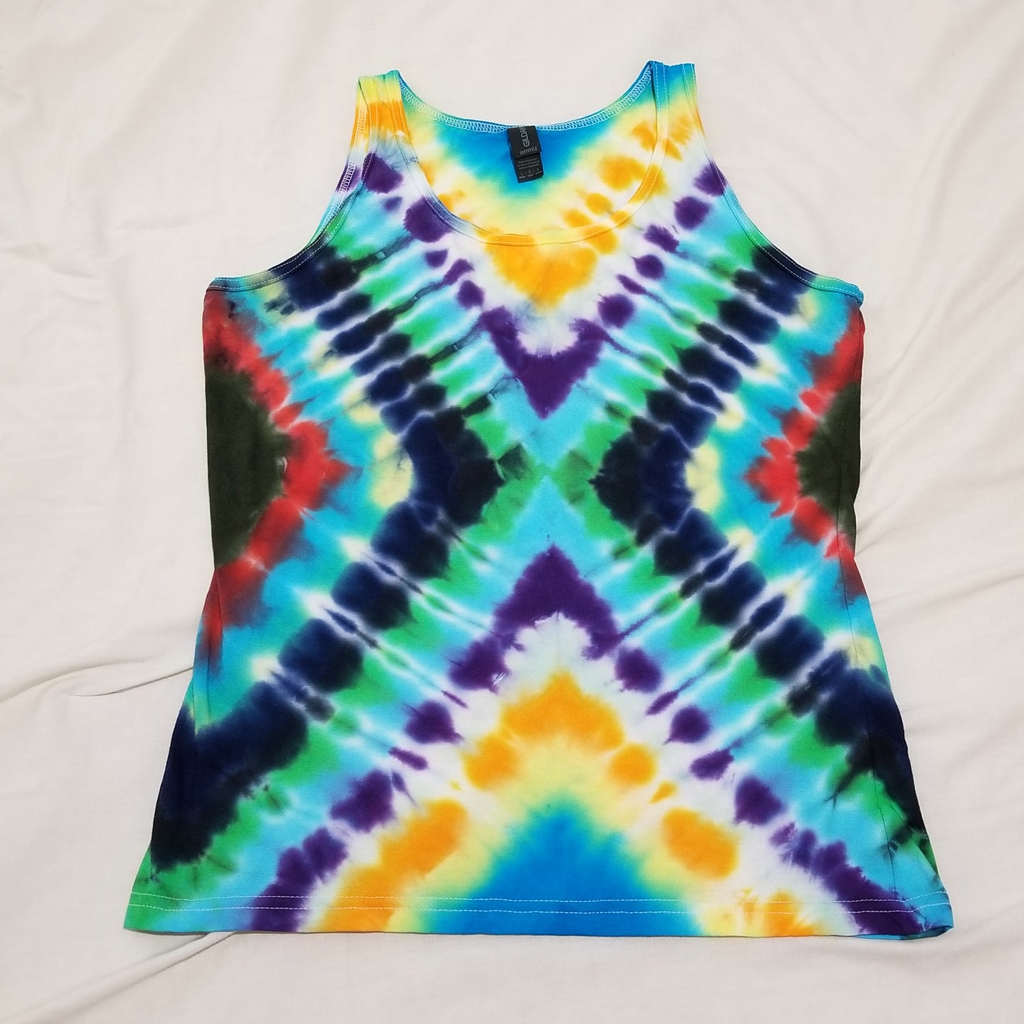 Handmade Tie Dye Funky Rainbow & Black X-Pattern Women's Tank Top Size Large L