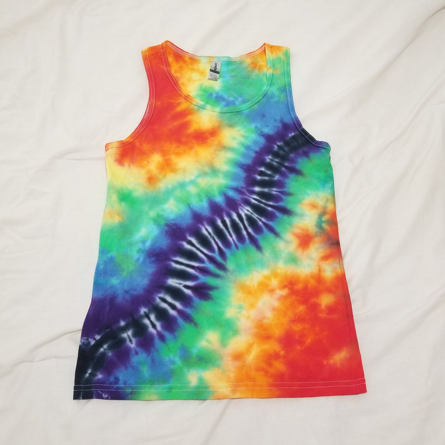 Handmade Tie Dye Rainbow Scrunch & Diagonal Black Wave Men's Tank Top Size Small S