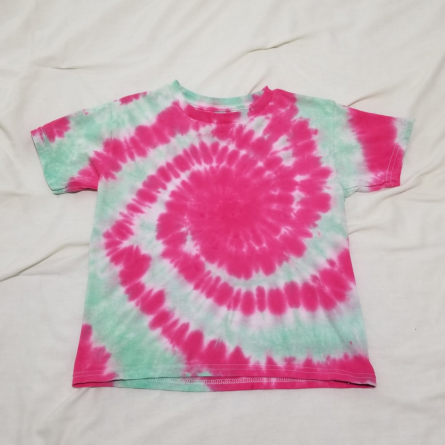 Handmade Tie Dye Seafoam Green & Hot Pink Cyclone Spiral Kid's T-Shirt Youth Size XS