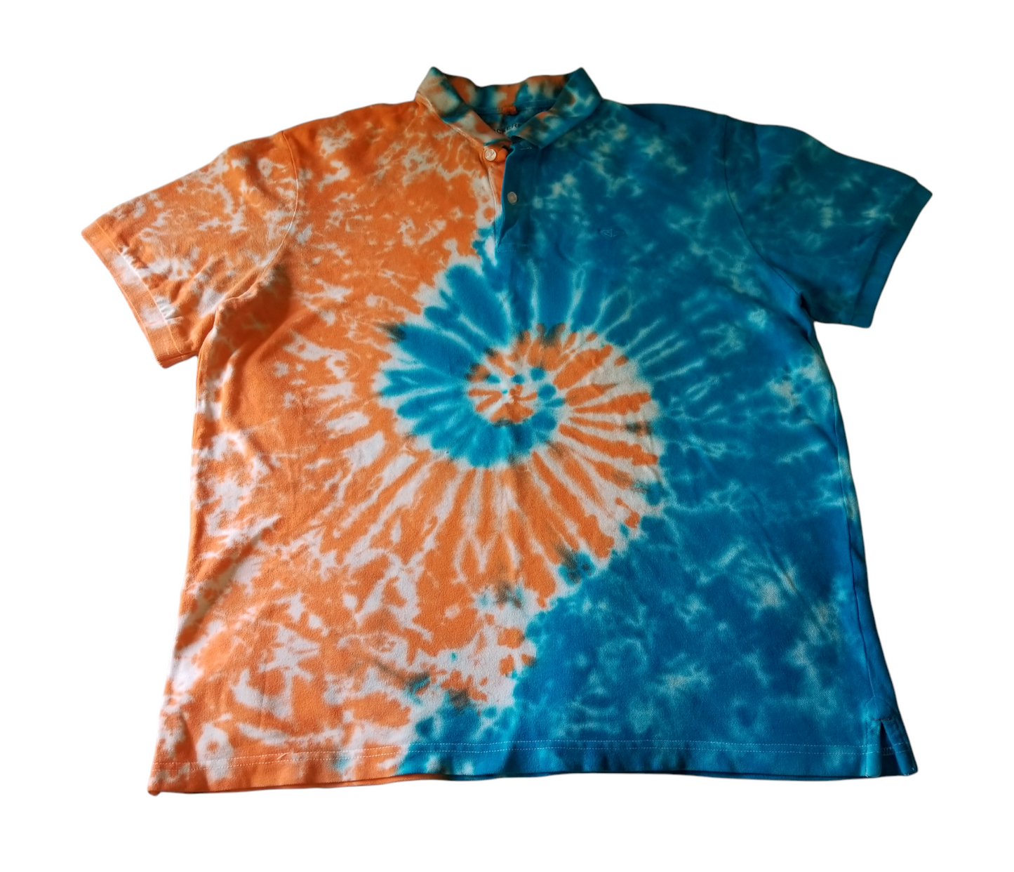 Handmade Tie Dye Turquoise & Peach Spiral Scrunch Men's Polo Size XL Upcycled Dockers