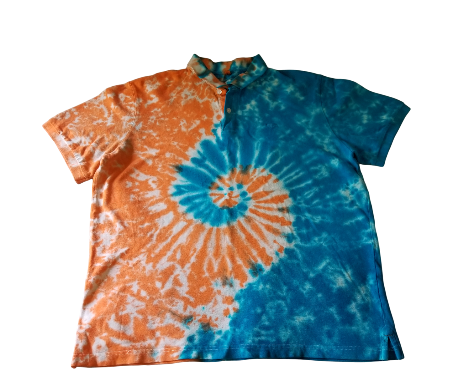 Handmade Tie Dye Turquoise & Peach Spiral Scrunch Men's Polo Size XL Upcycled Dockers