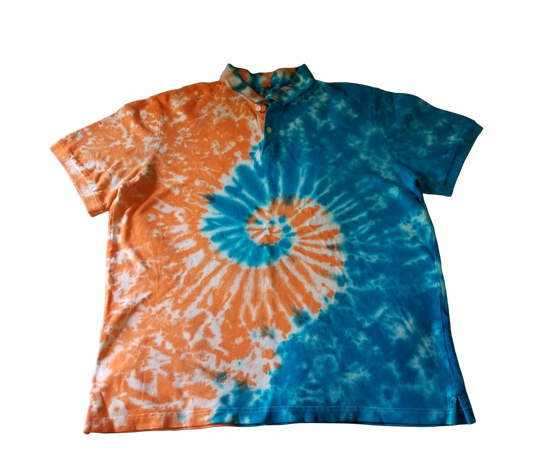 Handmade Tie Dye Turquoise & Peach Spiral Scrunch Men's Polo Size XL Upcycled Dockers