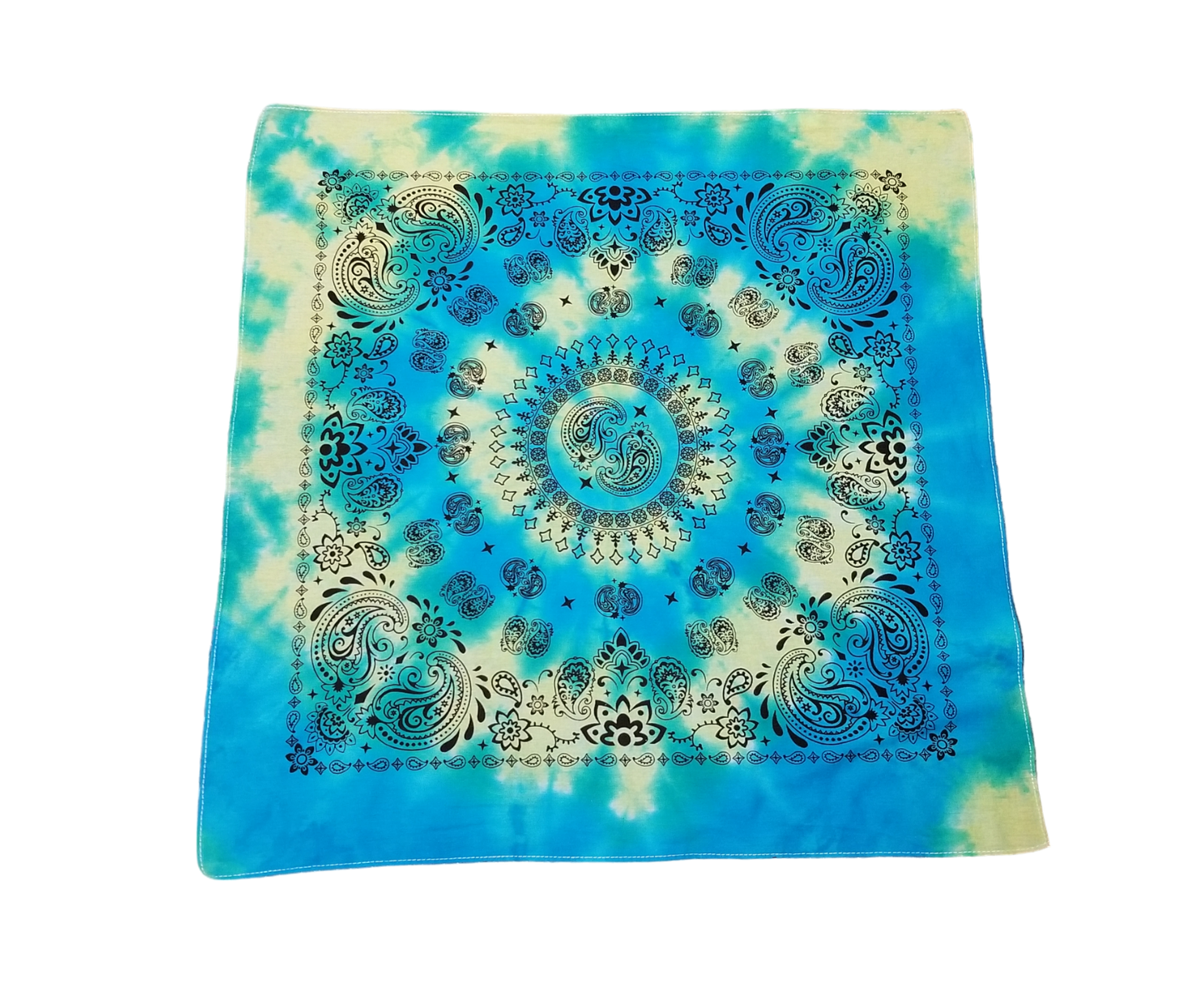 Handmade Tie Dye Turquoise & Citrus Yellow Spiral Paisley Bandana 20x20