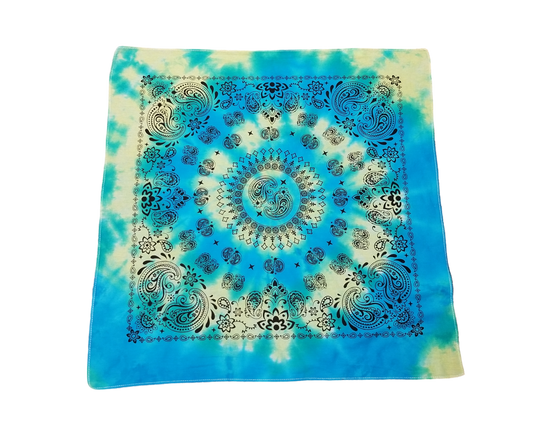 Handmade Tie Dye Turquoise & Citrus Yellow Spiral Paisley Bandana 20x20