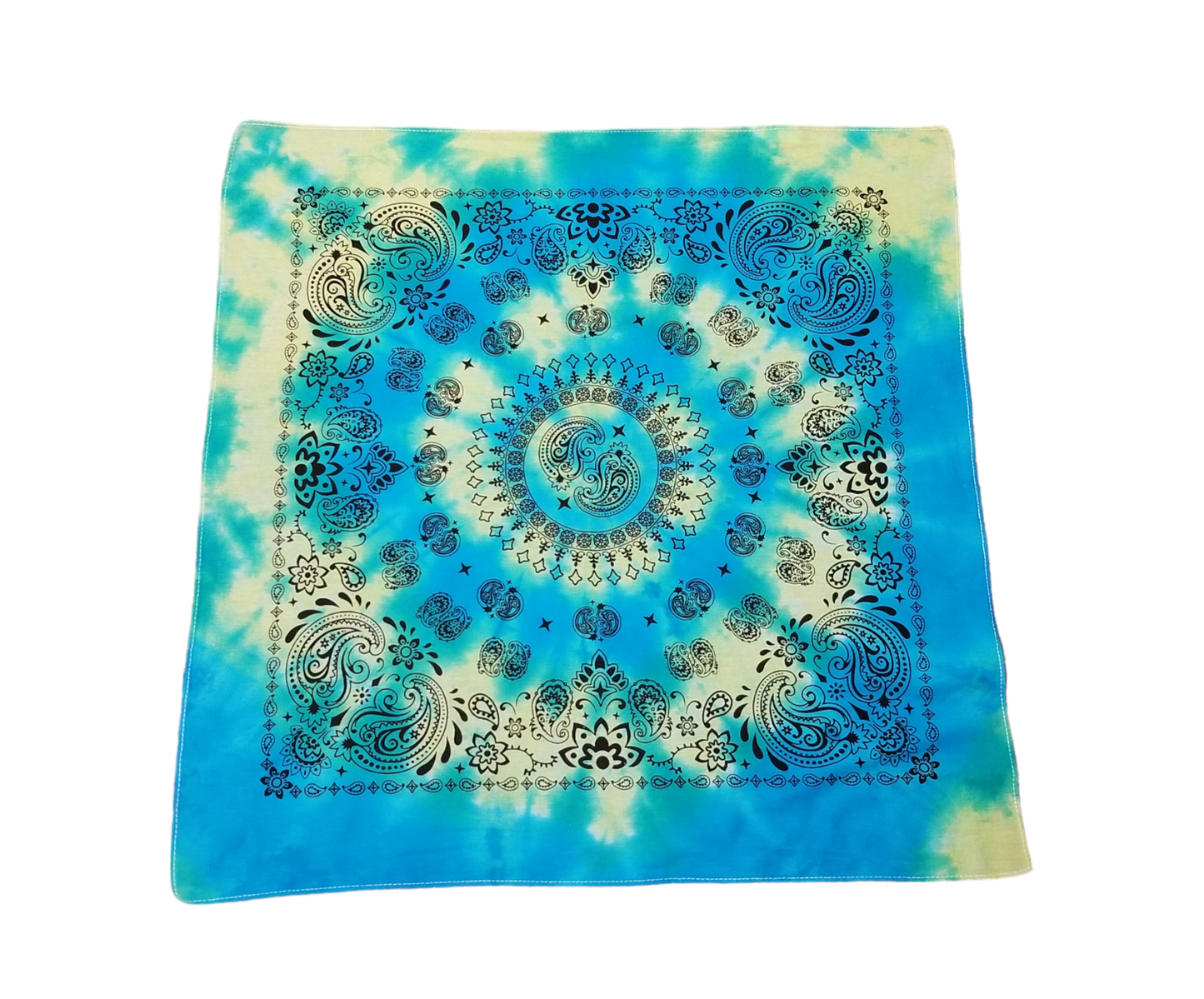 Handmade Tie Dye Turquoise & Citrus Yellow Spiral Paisley Bandana 20x20