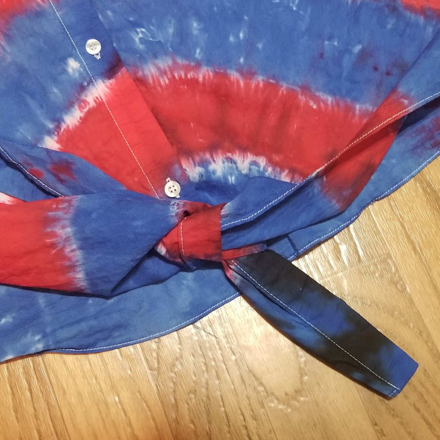 Handmade Upcycled Tie Dye Boston Proper Ladies Button Down Knot Front Red White Blue Shirt Blouse Size XS