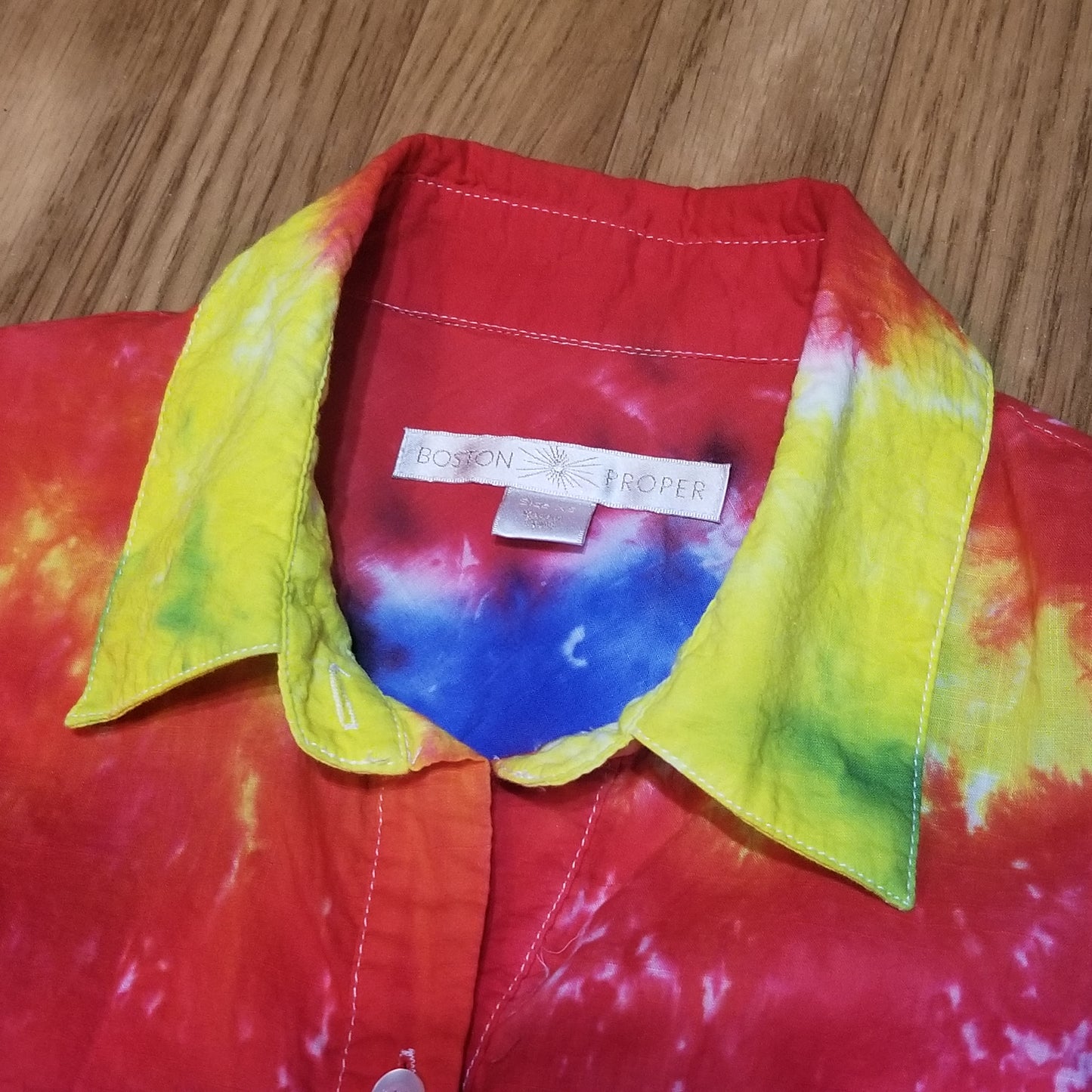 Handmade Upcycled Tie Dye Boston Proper Ladies Button Down Knot Front Red White Blue Shirt Blouse Size XS